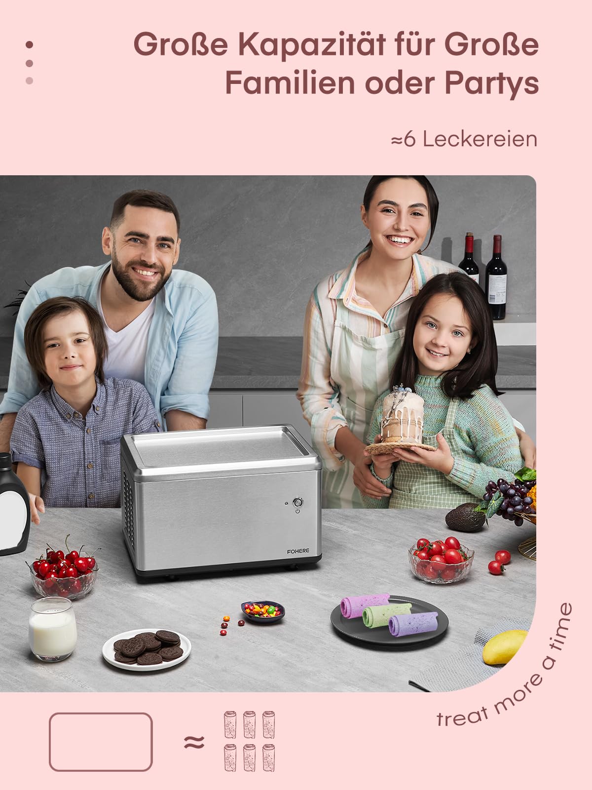 Selbstkühlende Roll-Eismaschine für Zuhause mit Kompressor, Soft Eis in nur 3 Mins, One-Touch Bedienung, Vielfältige Sortenwechsel, Gesunde Selbstgemachte Ice Cream Rolls, Rezept, 2 Spachteln, FOHERE
