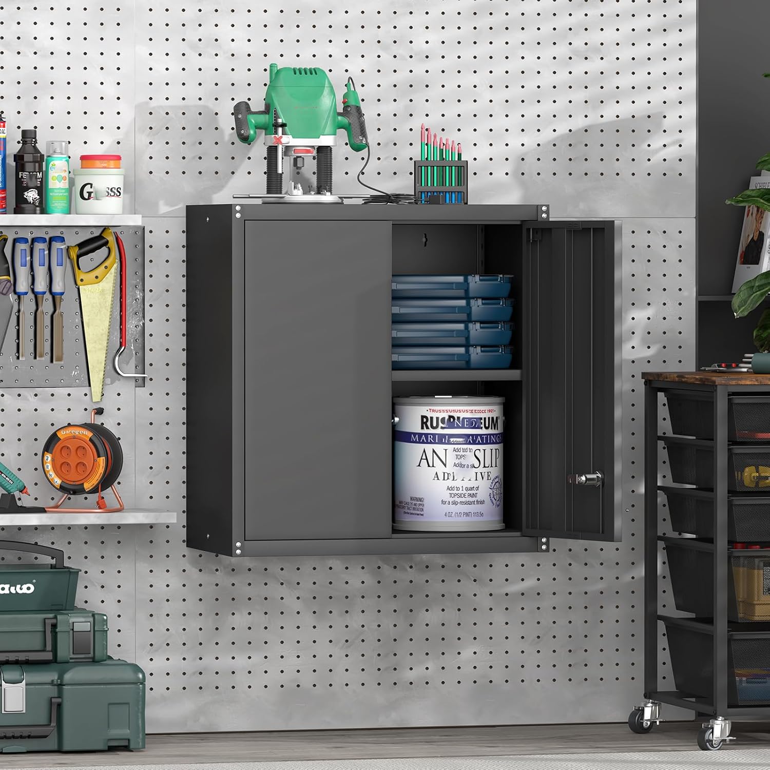 GREATMEET Metal Garage Storage Cabinet with Lock, Metal Wall Cabinets for Garage, Wall Mount Cabinet, Upper Cabinets Wall Mounted, Utility Cabinet with Adjustable Shelf for Home Office, Black