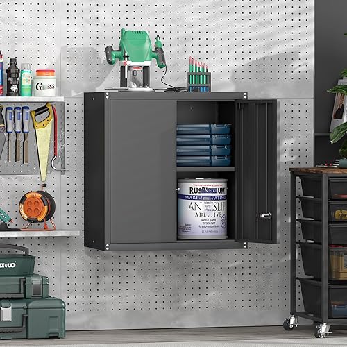 Miniatura 6 de GREATMEET Gabinete de almacenamiento de metal para garaje con cerradura, gabinetes de pared de metal para garaje, armario de montaje en pared, Negro