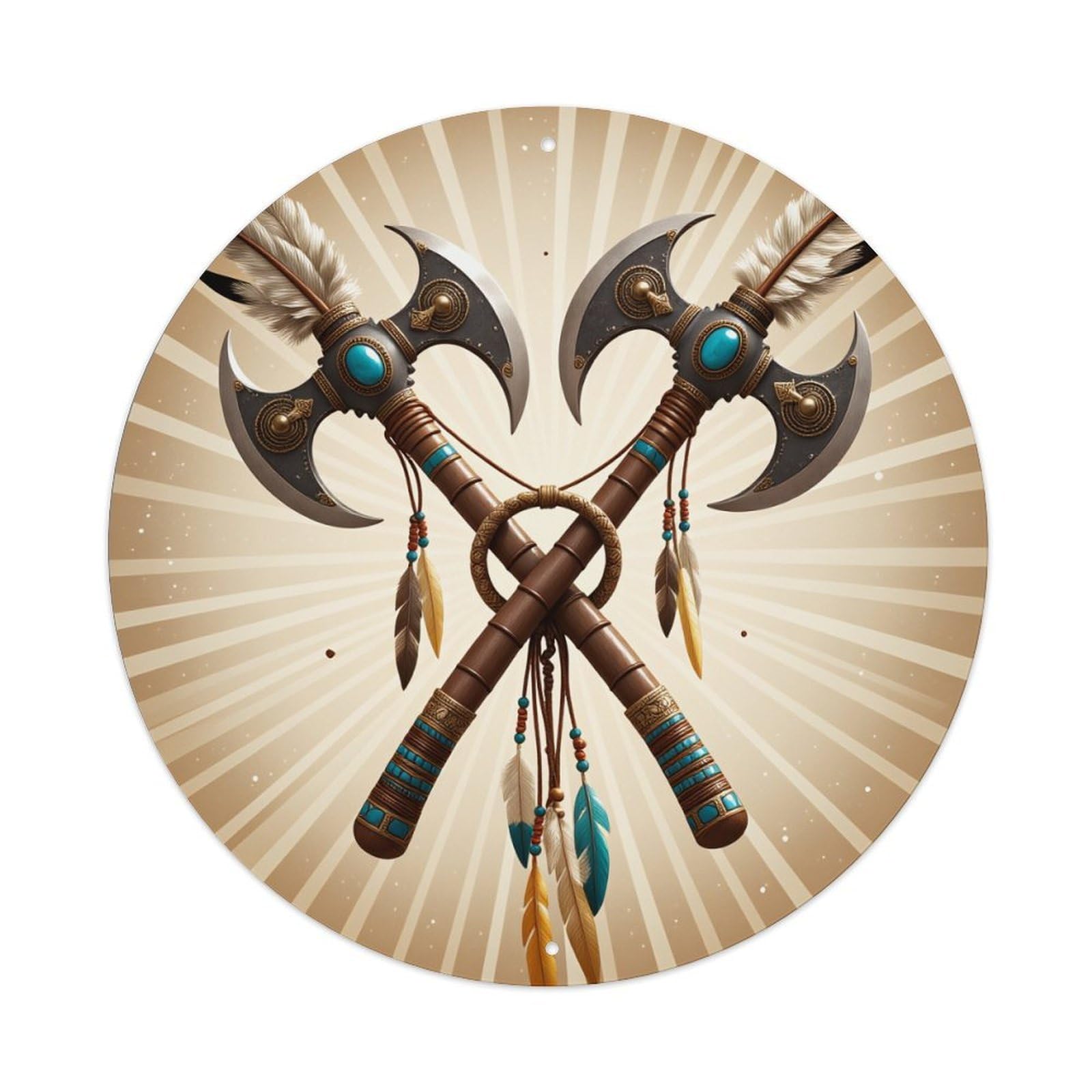 Crossed Axes With Feathers And Beads Round Tin Sign Vintage Metal Poster, Home Bar Garage Man Cave Cafe Indoor & Outdoor Wall Decoration 8x8Inches