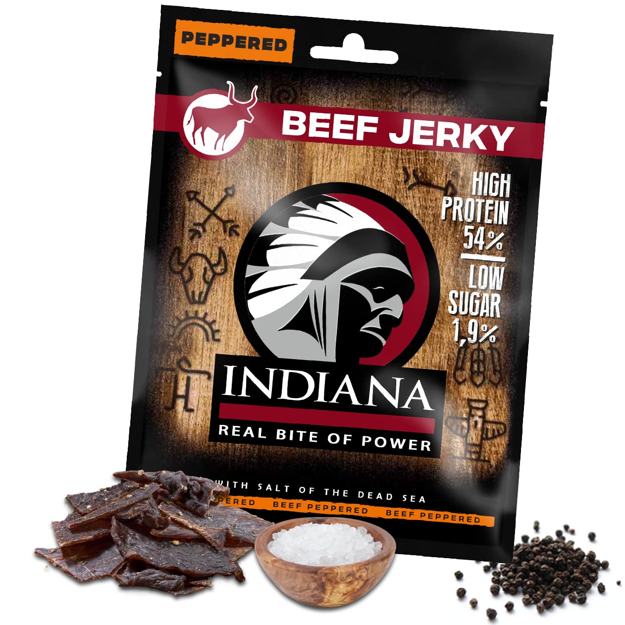 Indiana Jerky Beef Peppered, carne secca ad alto contenuto proteico, senza zuccheri aggiunti, senza glutine (15 pcs x 25g)