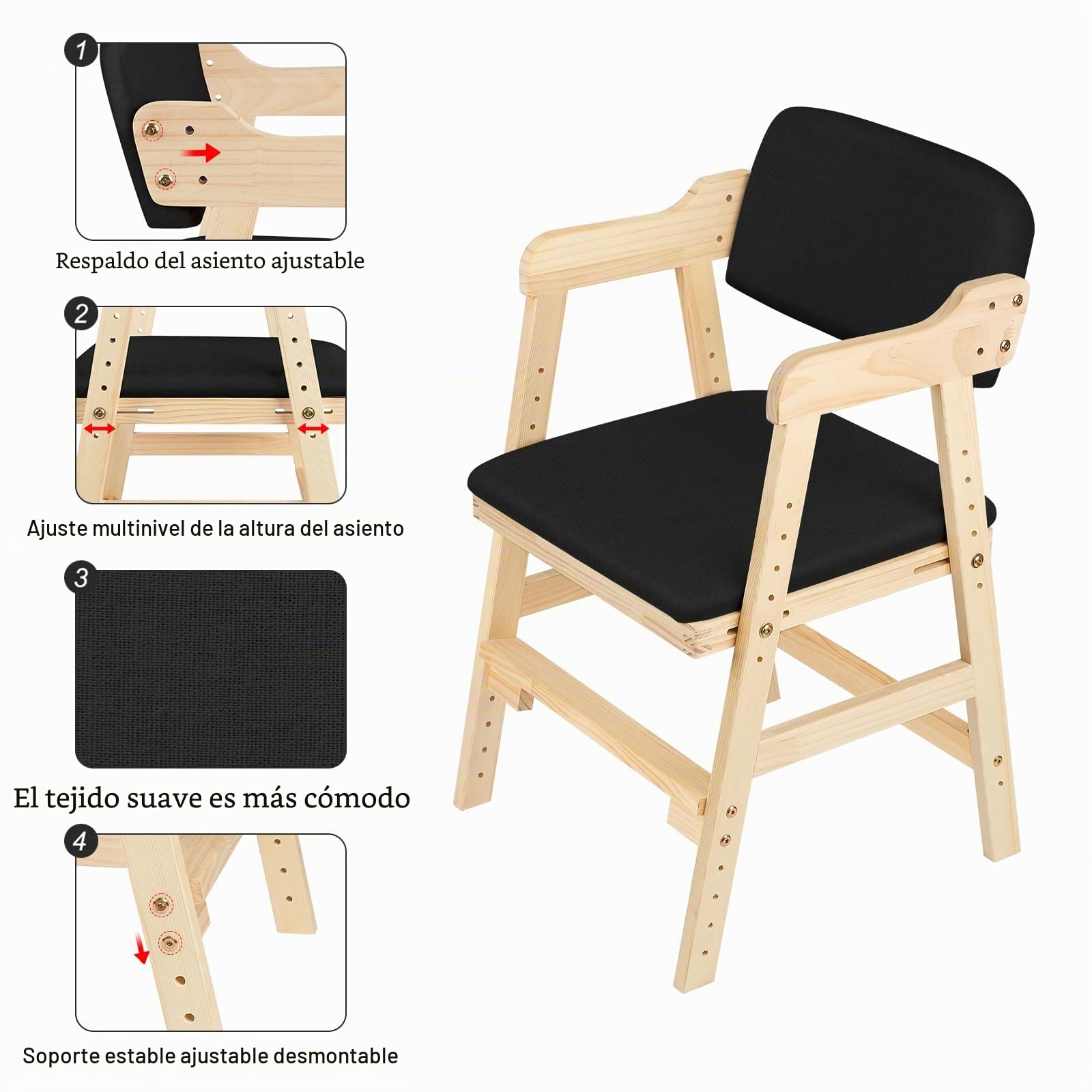 Trona Bebé Evolutiva, desde 6 Meses - 10 Años, hasta 30 kg, Trona de Bebé, Bandeja Extraíble, Asiento y Reposapiés Regulables, Madera Natural (48 x 46 x 78 cm - Negro)
