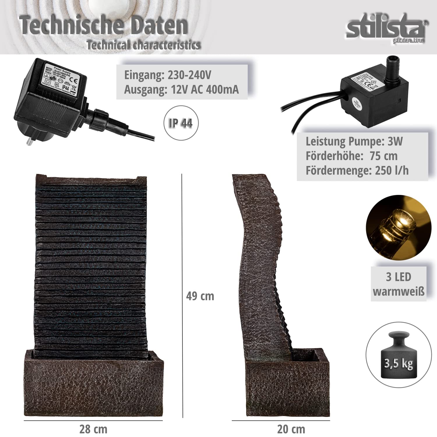 STILISTA Gartenbrunnen Wasserfall 49 x 28 x 20 cm, mit LED Beleuchtung, inklusive Pumpe
