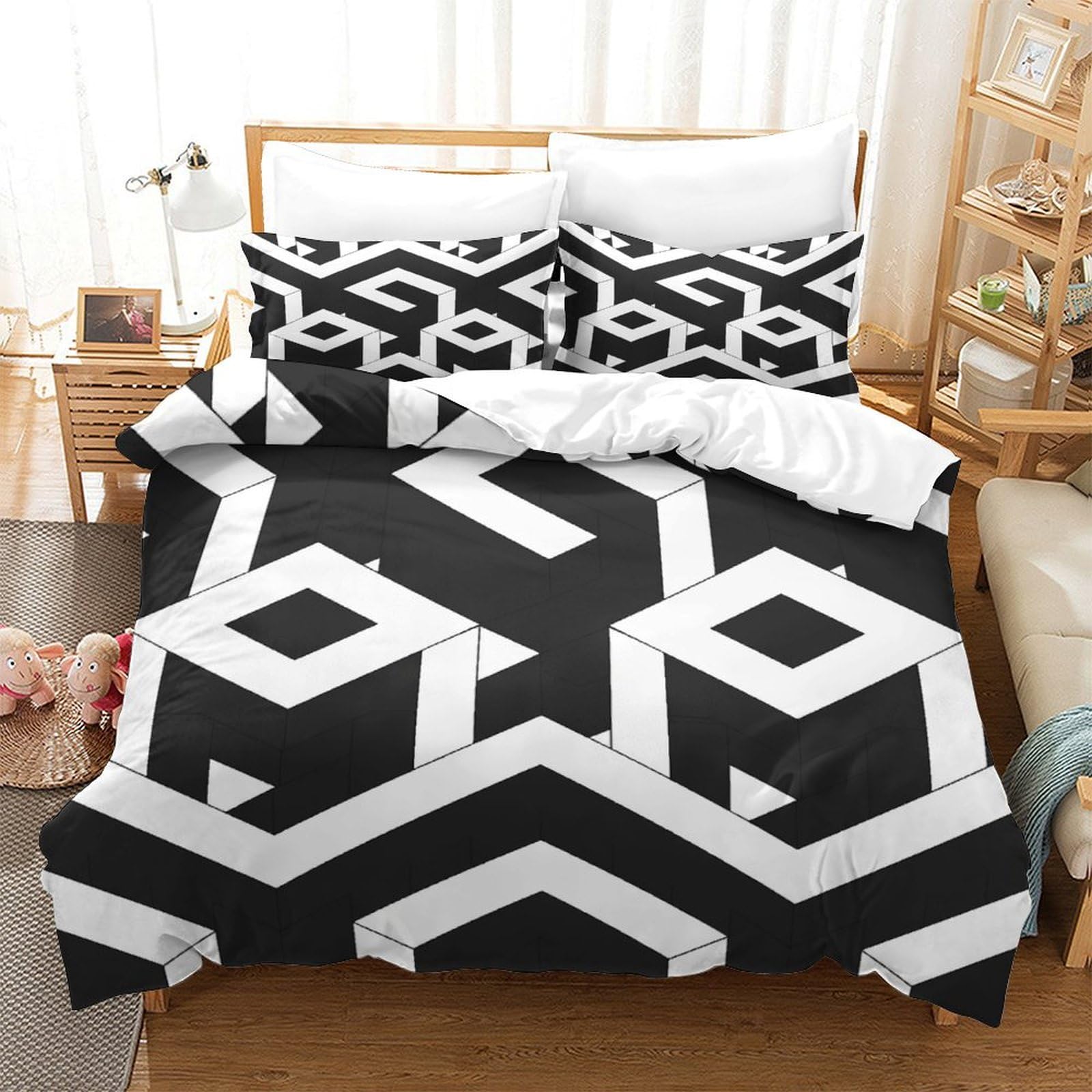 Housse de couette géométrique Super King 260x220cm en microfibre avec taies d'oreiller