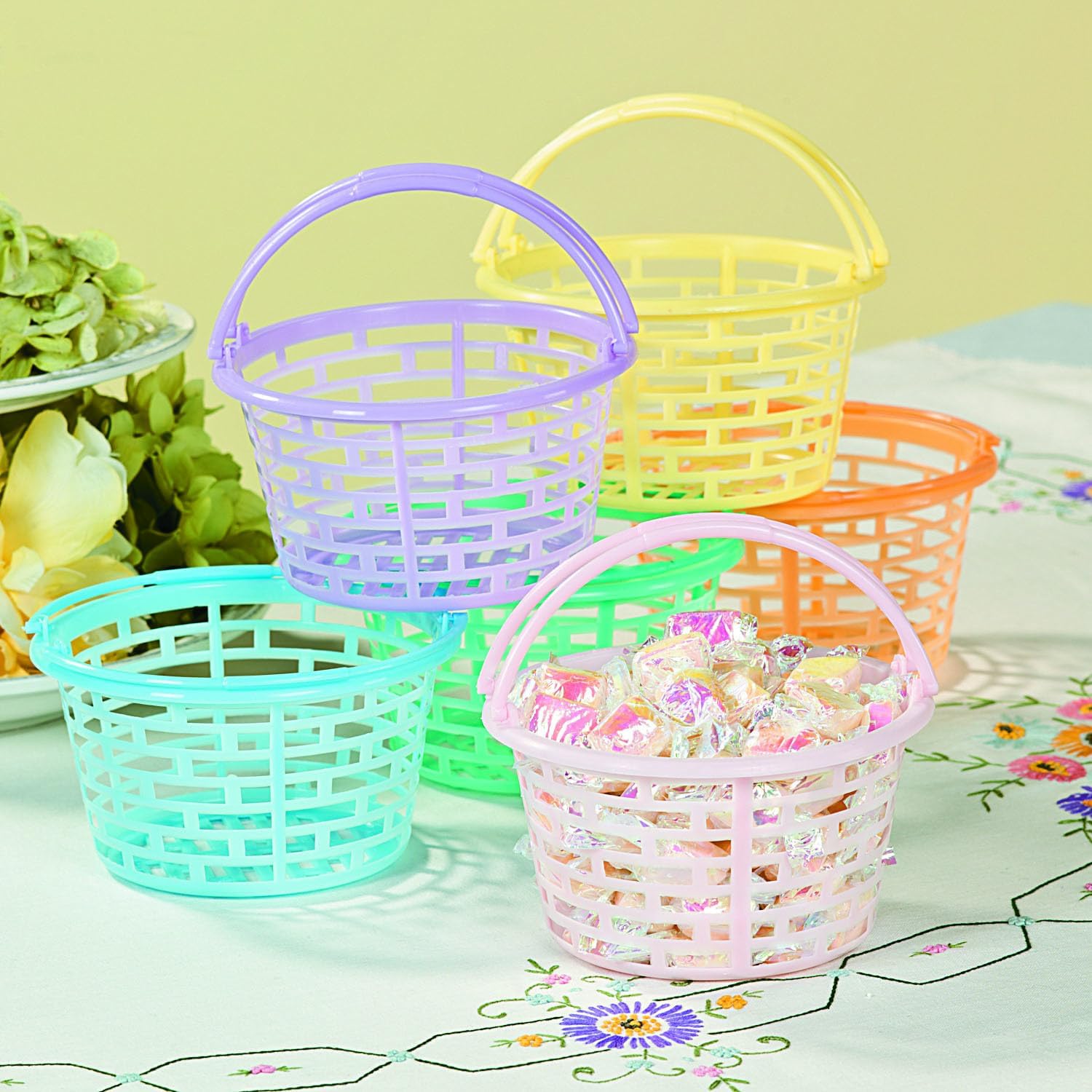 Fun Express Easter Baskets Bulk Set of 12 - Small Colorful Plastic Round Baskets for Easter Egg Hunts, Party Favors & Classroom Activities | Mini Pastel Buckets for Kids - Basket Size