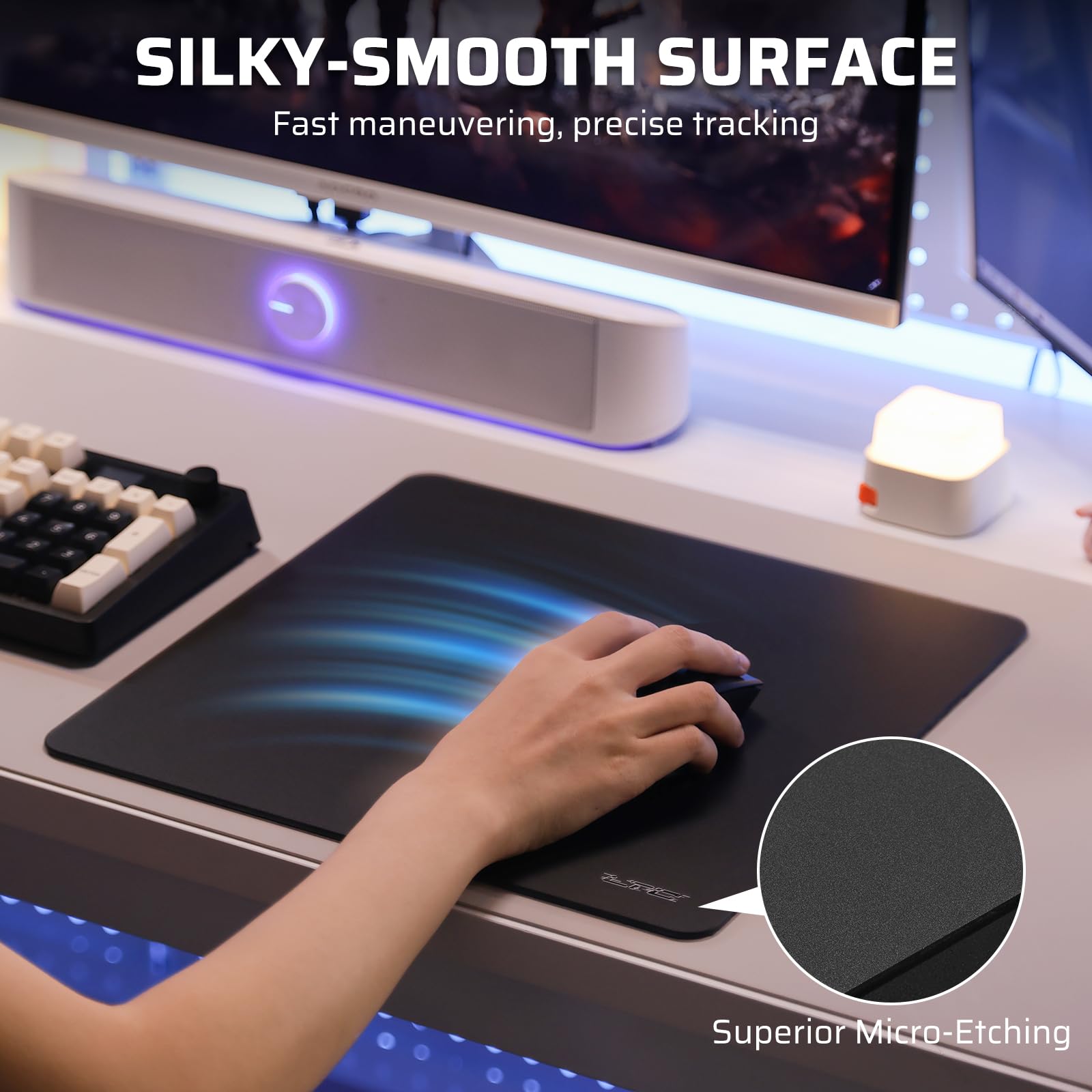 LTC Tappetino per mouse da gioco in vetro, superficie micro-incisa ultra liscia, migliore precisione e velocità, vetro temperato, resistente a urti e graffi, base in gomma siliconica ad alta densità