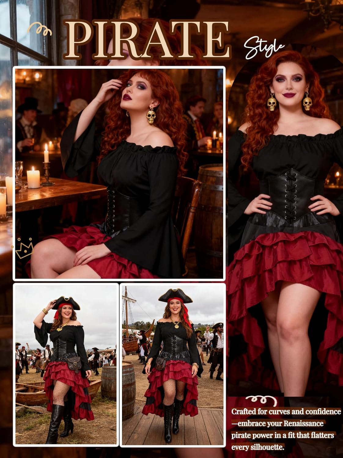 Verceco Pirate Costume Women with Renaissance Pirate Shirt Skirt Corset Waist Belt (Black+Red, M)