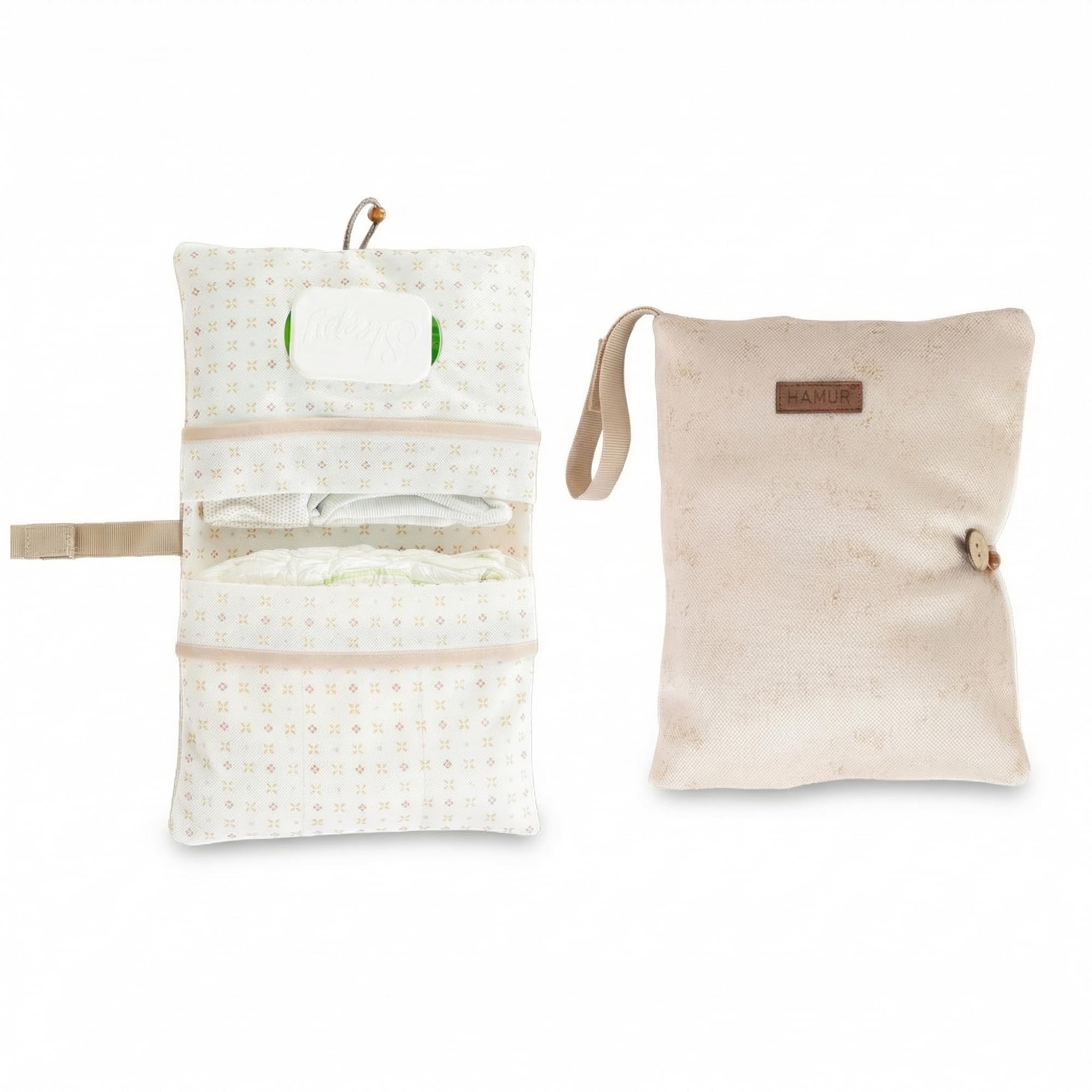 HAMUR HOME Diaper Bag Organizer and Cosmetic Bag 2in1 - Small Diaper Bag for On The Go Mom's Diapers Cream Wipes Baby Organizer (Solid Beige)