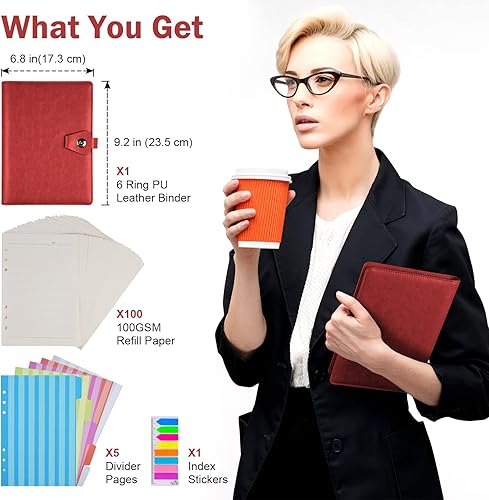 Miniatura 2 de Diario de carpeta A5, organizador de 6 anillos recargable, cuaderno de escritura de negocios de cuero, cuaderno de tapa dura a rayas con página