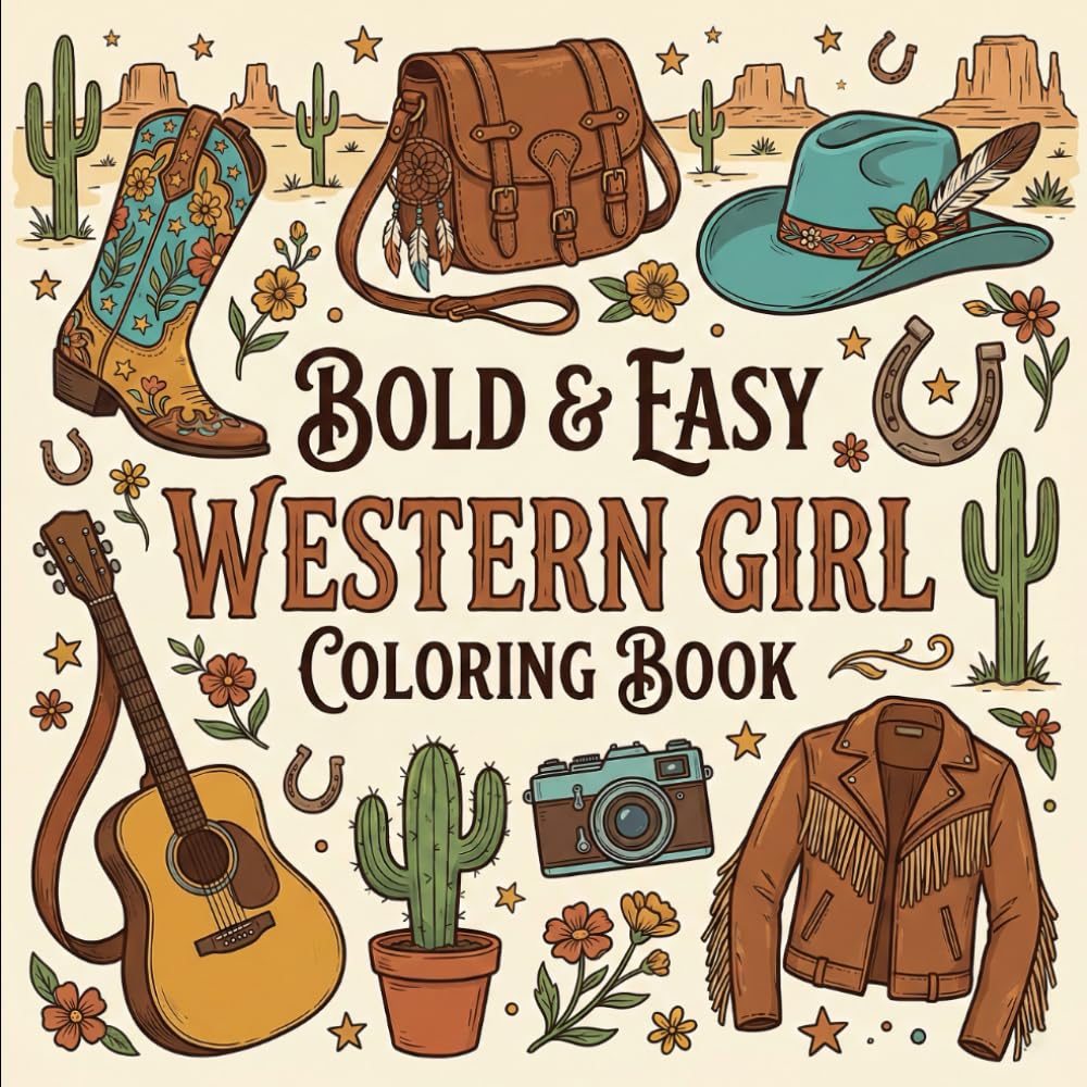 Bold & Easy Western Girl Coloring Book: 50+ Cute Cowgirl Coloring Pages Featuring Horses, Boots & Rustic Outfits