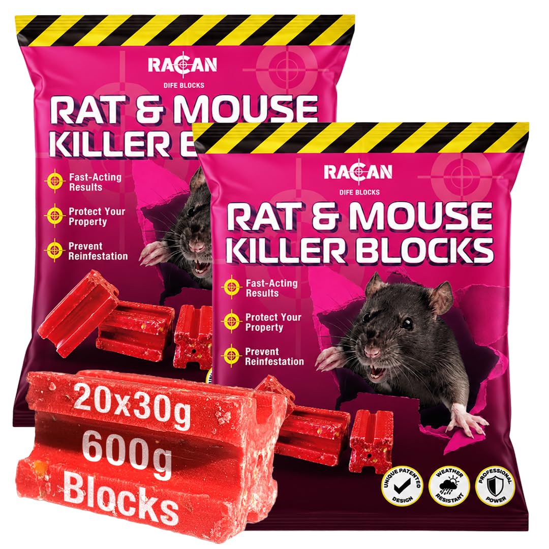 Racan Rat Poisoning Super Strength Bait Blocks, Rat and Mouse Killer 600g