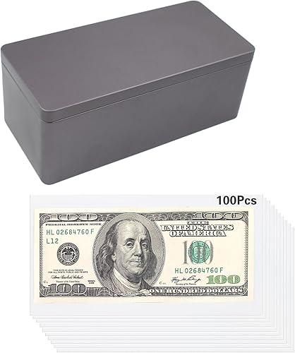 Miniatura 6 de Caja de dinero de metal plateado con 100 soportes de papel transparente, soporte para billetes de dólar con estuche de almacenamiento, bandeja de