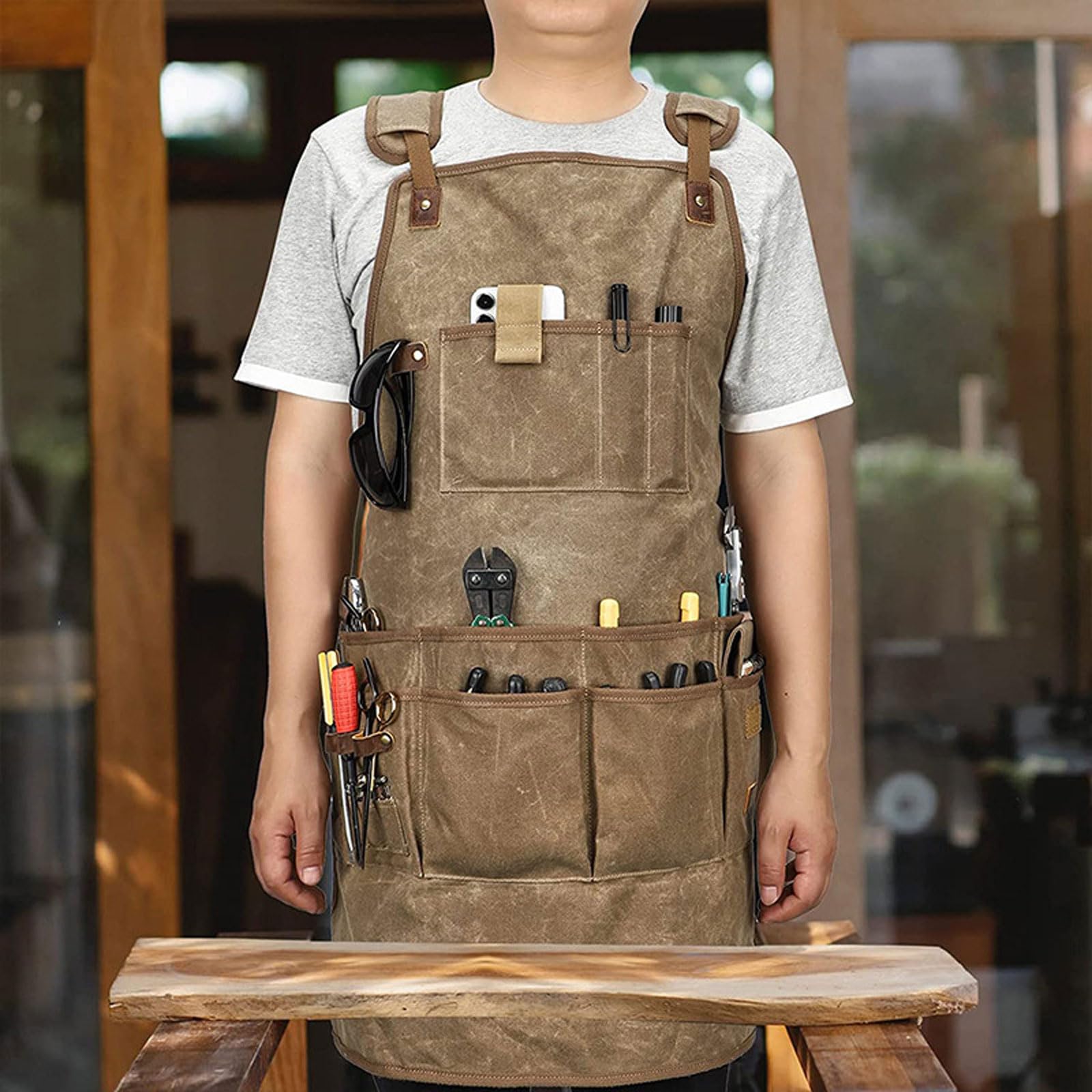 Garden Apron per Uomo e Donna,Grembiule da Lavoro con 22 Tasca,Fibbia Regolabile Grembiule da Esterno,Tela Spessa Impermeabile,per Raccolta frutteto per la Lavorazione del Legno,Cachi