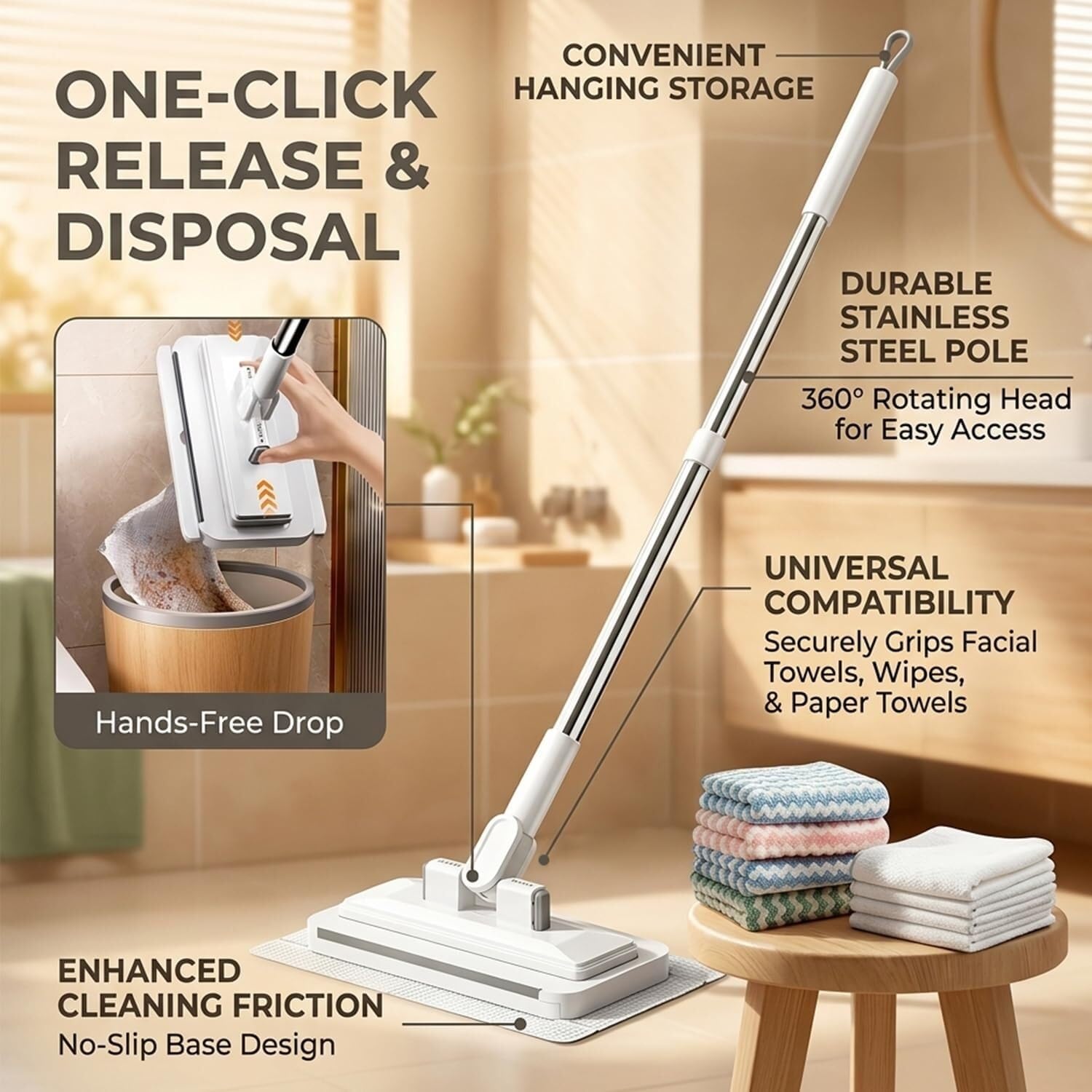 Clamp Mops for Floor Cleaning, Hands-Free Flat Mop with One-Click Cloth Grip, Swivel Head Wet Dry Mop, Extendable Handle, Use Any Cloth for Hardwood Tile Wall Cleaning