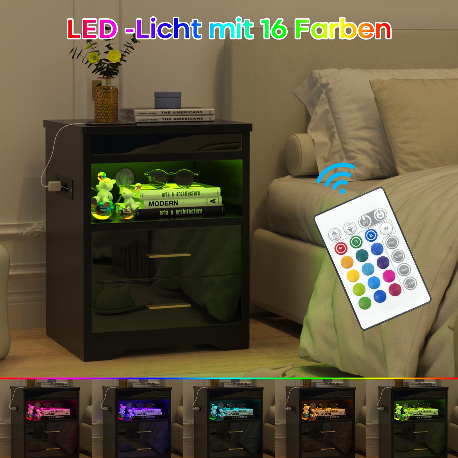 Table de Chevet Noir Table de Nuit Moderne avec Prises LED Multicolore Réglable Serrure à Clé de Sécurité Chevet de Lit Coulissantes Cachées, d’Appoint pour Salon Chambre à Coucher 39x44x58cm