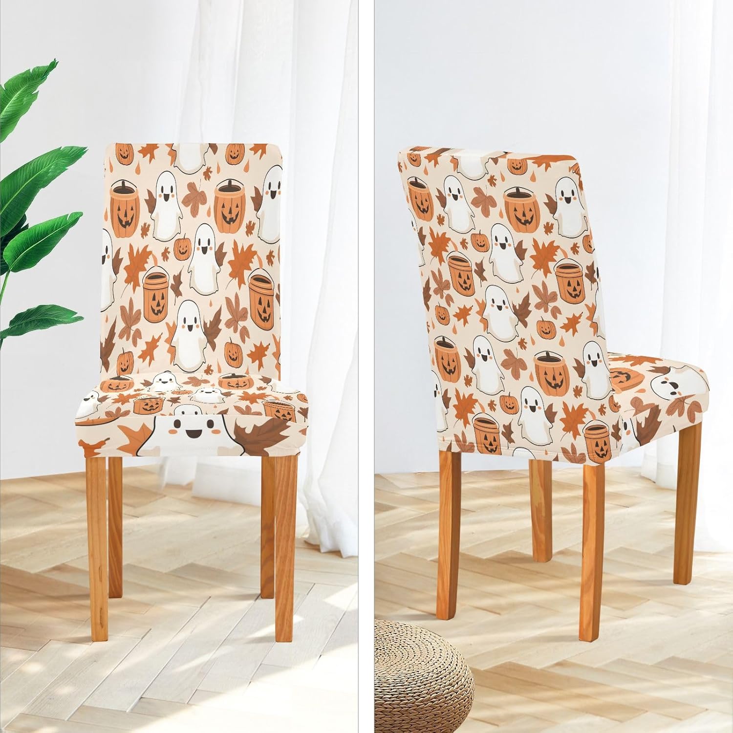 ALAZA Chair Covers for Dining Room, Pumpkin Ghost Fall Leaves Pattern Stretch Chair Cover Sets Chair Protector Removable Washable for Ktichen Restaurant Hotel