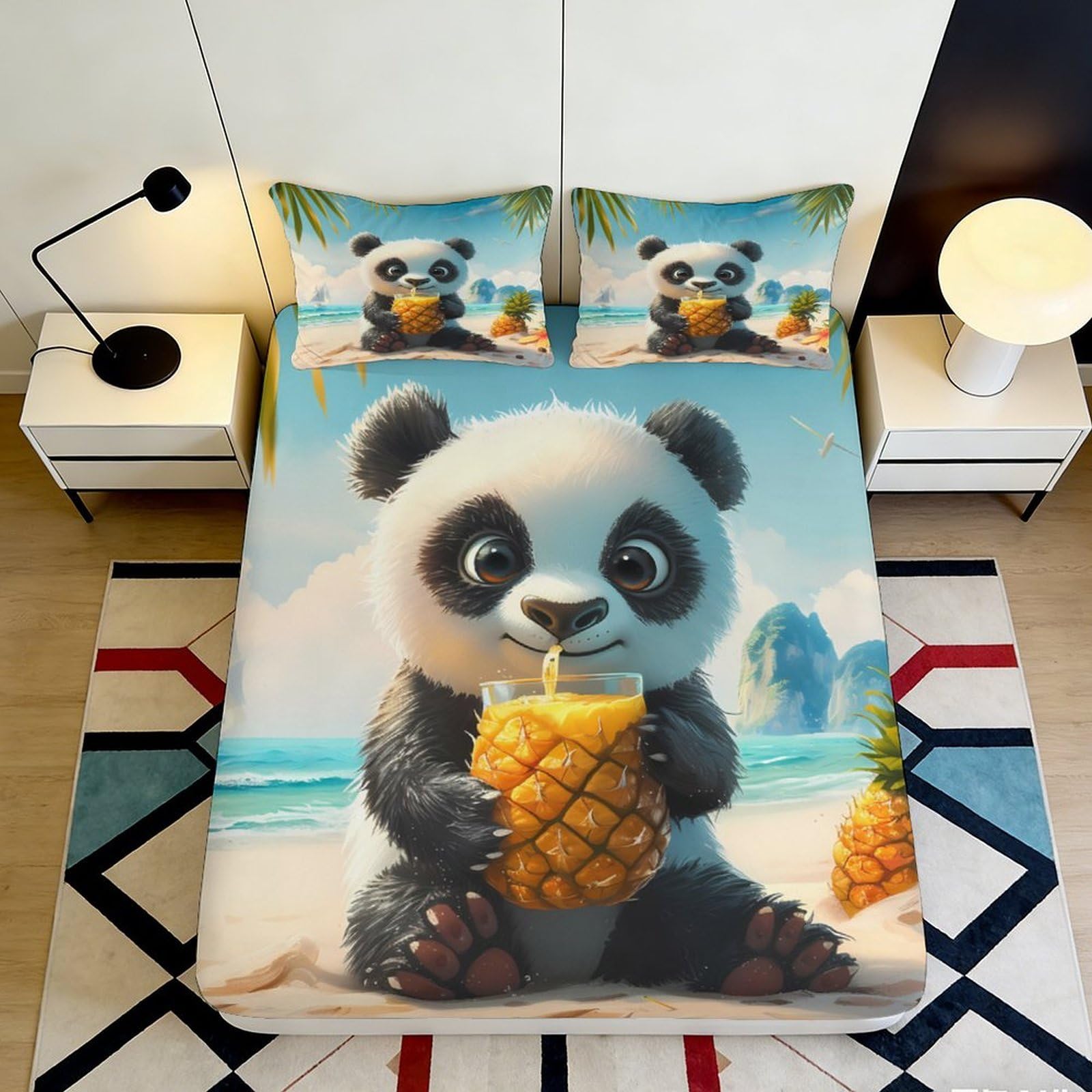 Jqzkxnhpbr Style-3 3D Printed Panda Beach Fitted Sheet Microfiber Soft Breathable Pineapple Bed Cover For Bedroom Guest Room Decor 90X200x25cm