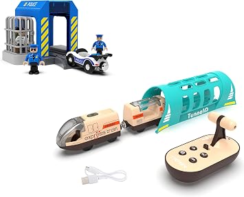 Train Accessories Police Station and Remote Control Train for Wooden Track Set, Train Toy Compatible with Thomas & Friends, Brio, Chuggington