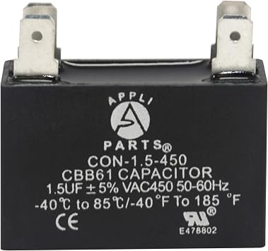 Appli Parts CAP-1.5-450 Fan motor Capacitor 1.5 mfd microfarads uf 450VAC CBB61 with 4 Terminal connections universal fit for electric fan applications 1-3/8in Width 1/2in Depth 1-1/4in Height