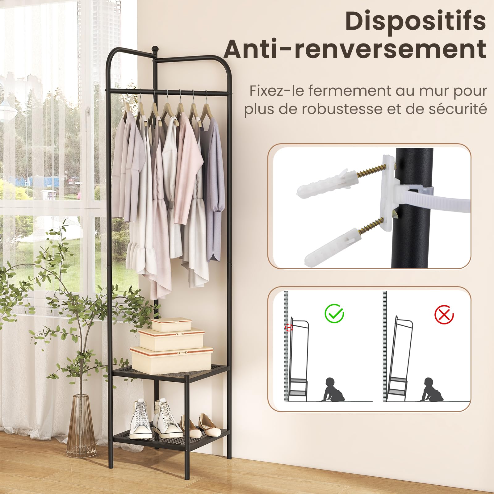COSTWAY Porte Manteau sur Pieds, Portant a Vetement Solide avec Cintre Supérieur et 2 Étagères en Maille, Kits Anti-Basculement, Vestiaire d'Entrée, Hauteur 193,5 cm, pour Entrée, Chambre (Noir)
