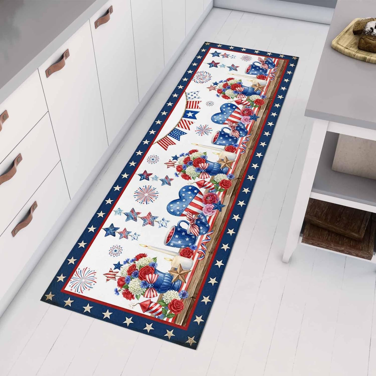 Teamery Kitchen Mats for Floor Independence Day 250th Anniversary Washable Non Slip Kitchen Rugs 1PCS, Stars and Stripes Absorbent Standing Mats for Sink Bathroom Office Living Room 15.7x47.2in
