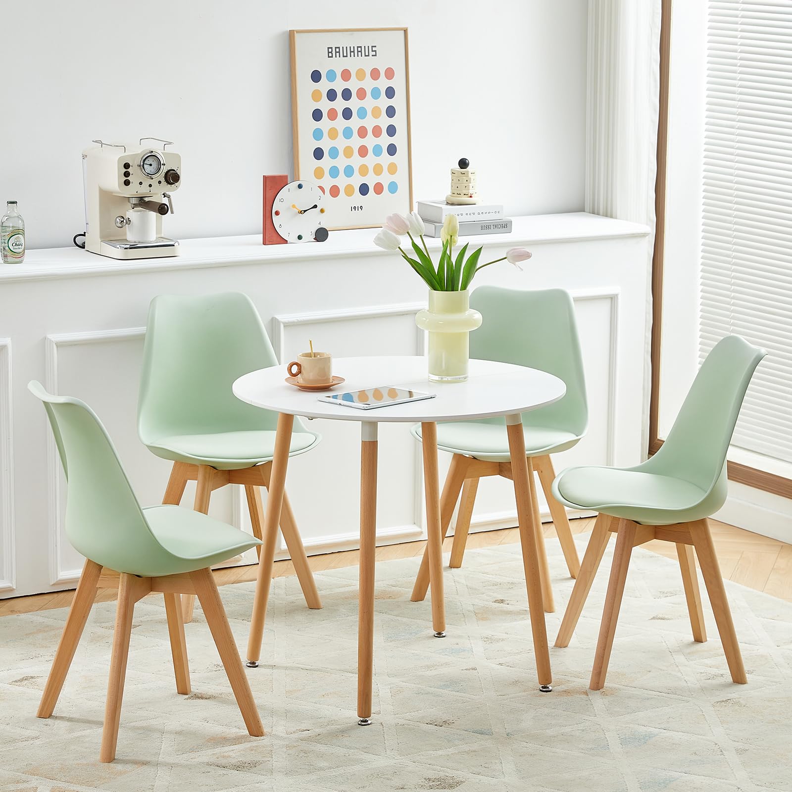 EGGREE Pack de 4 Sillas Comedor, Sillas de Cocina Nórdico con Asiento Tapizado y Las piernas de Madera de Haya Maciza - Verde Helado
