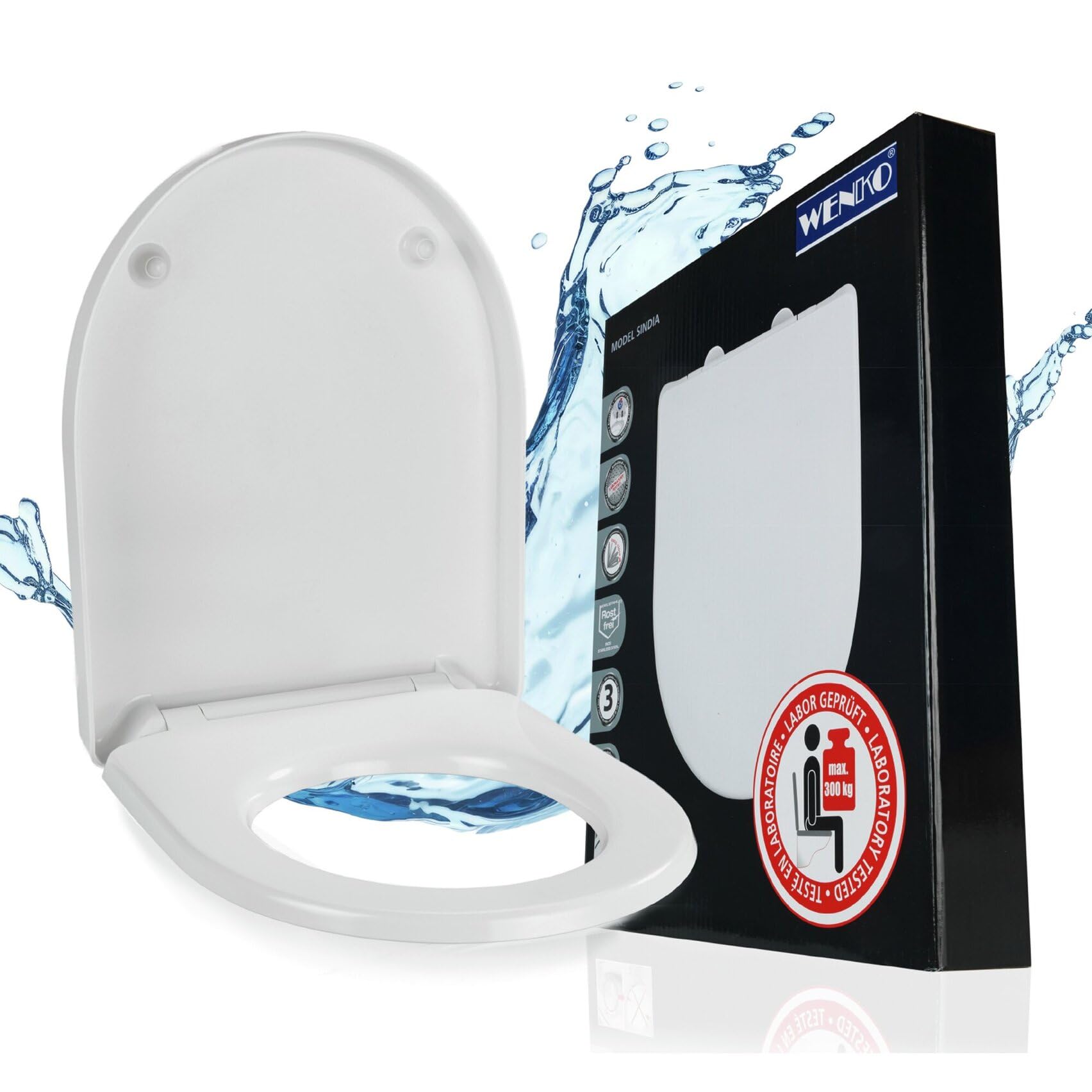 WENKO Toilettendeckel mit Absenkautomatik, hohe Belastbarkeit bis 300 kg, abnehmbar, WC Sitz in D Form, Klodeckel aus antibakteriellem, stabilem Duroplast, einfache Montage, Mod. Sindia, weiß
