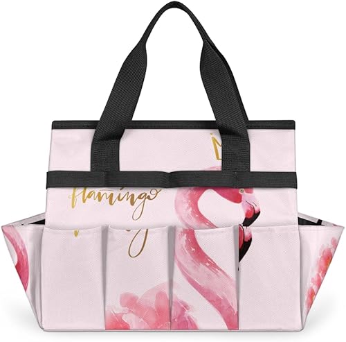 Watercolor Flamingo Crown Garden Tool Tote Bag for Women Men Gardening Tool Storage Bags with 10 Pockets Standable Garden Home Tool Kits Organizer