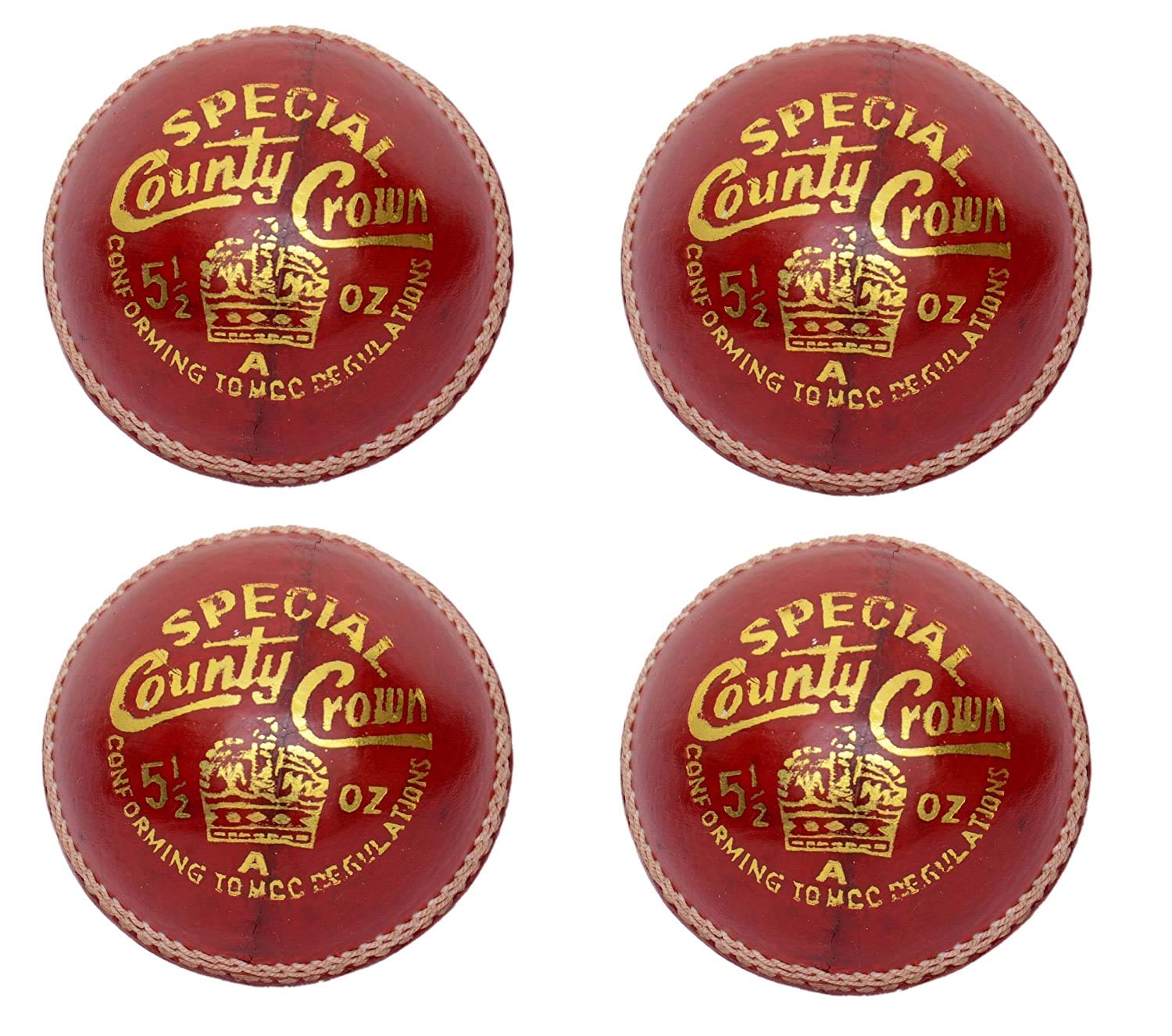 CW Pack of 4 Special County Crown Red Leather Made 4 Cut Piece Cricket Ball Entirely Hand Stitched 156 gm 25 Overs Ideal for Club Matches & Practice MCC Regulation Approved
