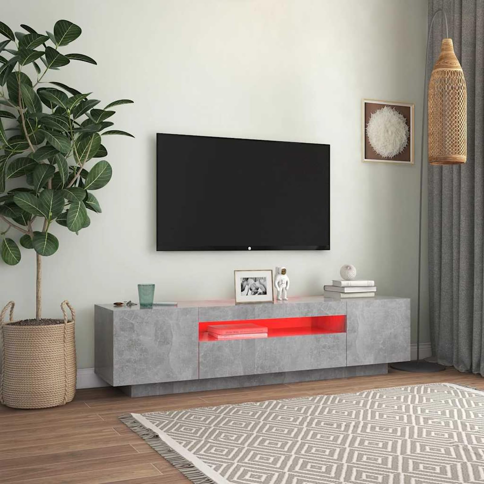 Gecheer Meuble TV avec lumières LED gris béton 160 x 35 x 40 cm