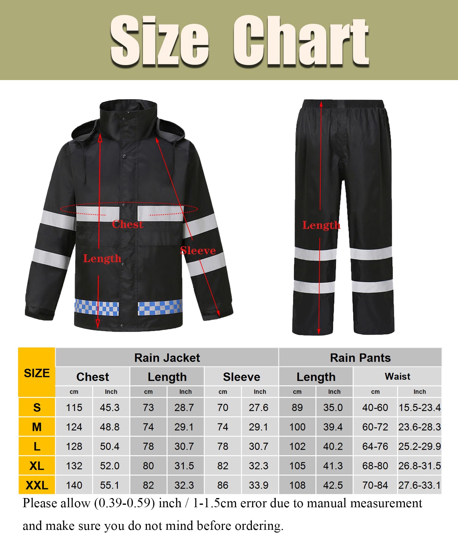 Hombres Traje de Lluvia 2 Piezas Impermeable Conjunto de Chaqueta y Pantalón con Tira Reflectante Segura Chaqueta de Ciclismo con Capucha Impermeable de Adulto Classic