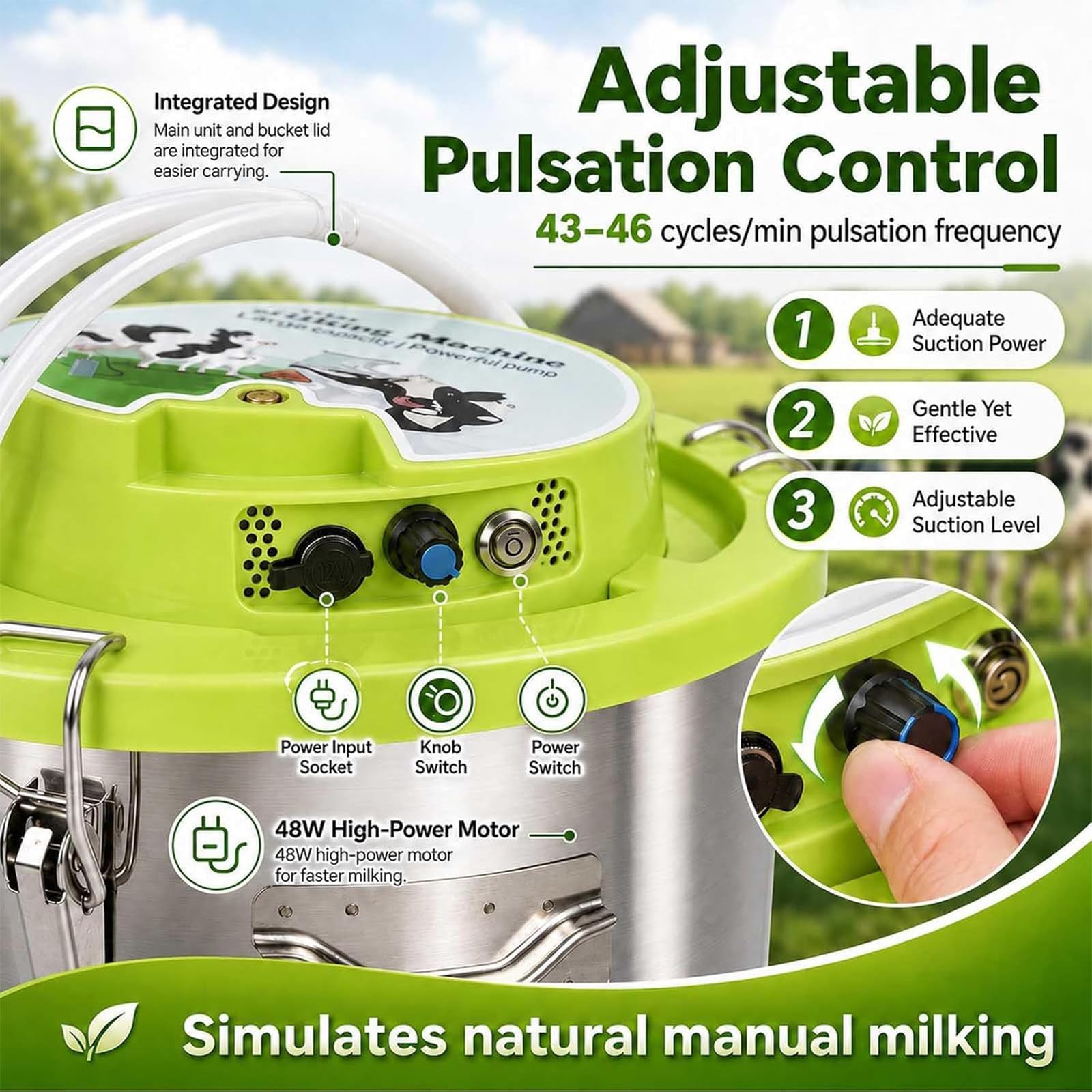 Mungitrice Automatica per Mucche e Capre, Mungitrice Elettrica Senza Fili con Vuoto e Pulsazione Regolabile, Secchio Inox Alimentare, Attrezzatura Portatile per Piccole Aziende (16L)