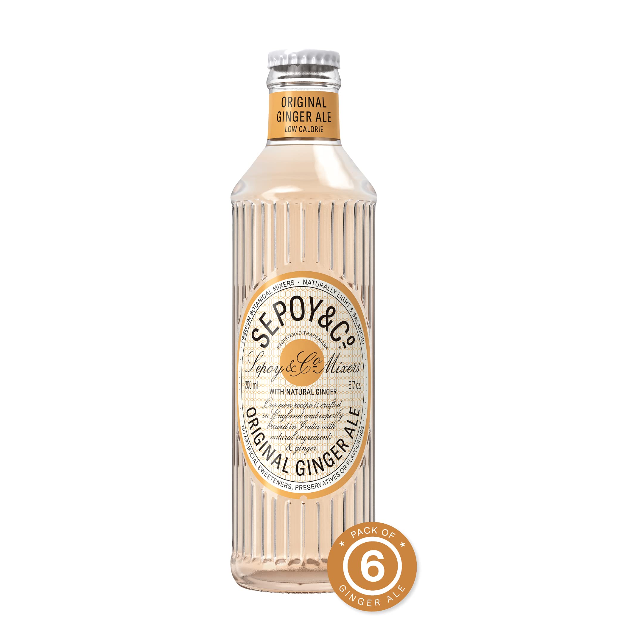 SEPOY & CO. Ginger Ale, Made with 100% Natural Ginger, Low Calorie, Enjoy as Cocktail Mixer or Mocktail, Pack of 6 X 200ml
