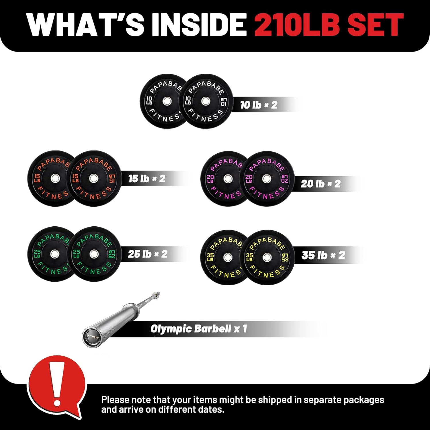 PAPABABE 7-Foot Olympic Barbell 1000LB/1500LB Weight Capacity with Bumper Plates Set, 2 Inch Weights Plates, Weights Lifting Power Lifting