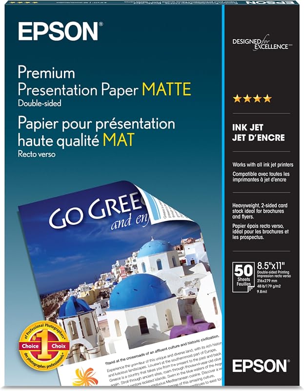 Papel de presentación Epson Premium MATE (8,5 x 11 pulgadas, doble cara, 50 hojas) (S041568), blanco brillante | Cartulina pesada de doble cara con elegante acabado mate. Funciona con impresoras de inyección de tinta.