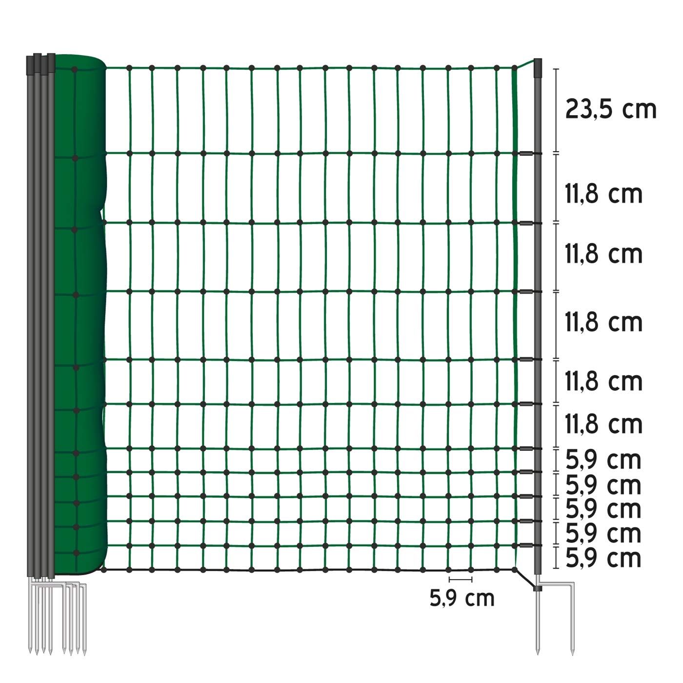Filet volailles VOSS. farming Classic pour clôtures Non électrifiable, 112 cm de Hauteur et 25 m de Longueur, à Pointe Double, dotée de 9 Piquets, Couleur Vert