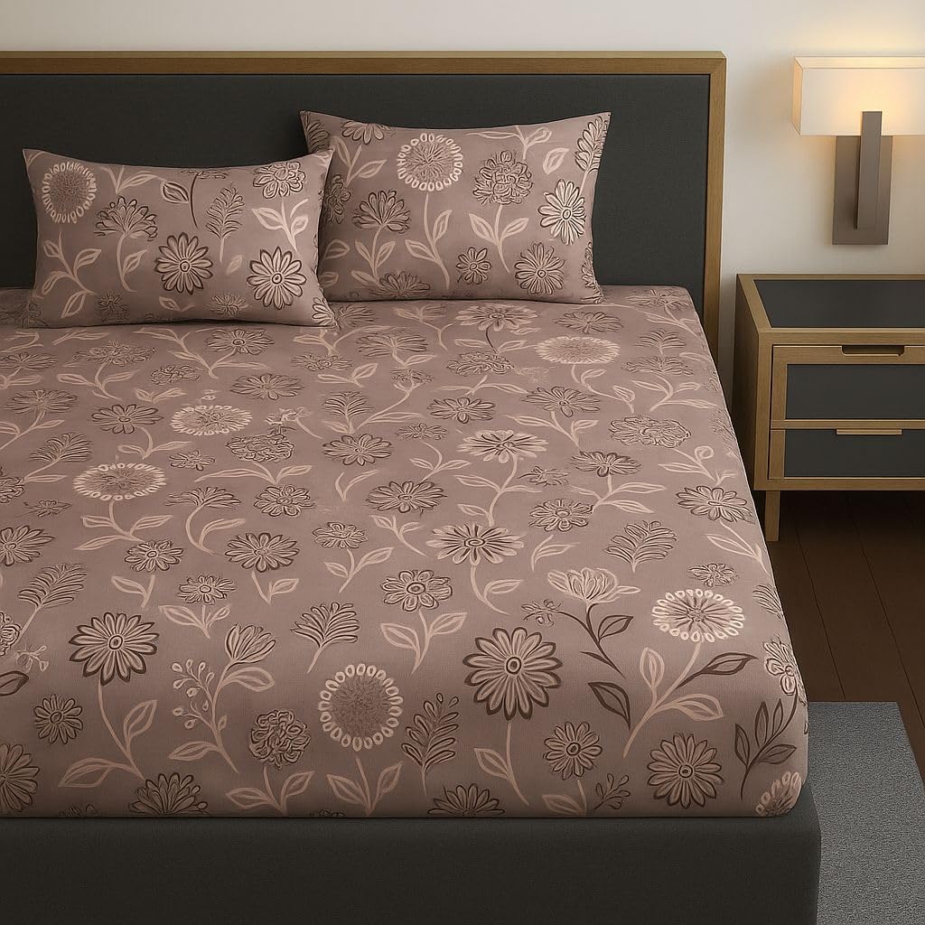 THE HOME STYLE 300 TC Cotton Feel Glace Cotton Elastic Fitted Printed Queen Size Double Bed Bedsheet with 2 Pillow Cover Fits Upto 8 Inches Mattress, 300TC (60"x78", Mocha Blossom)
