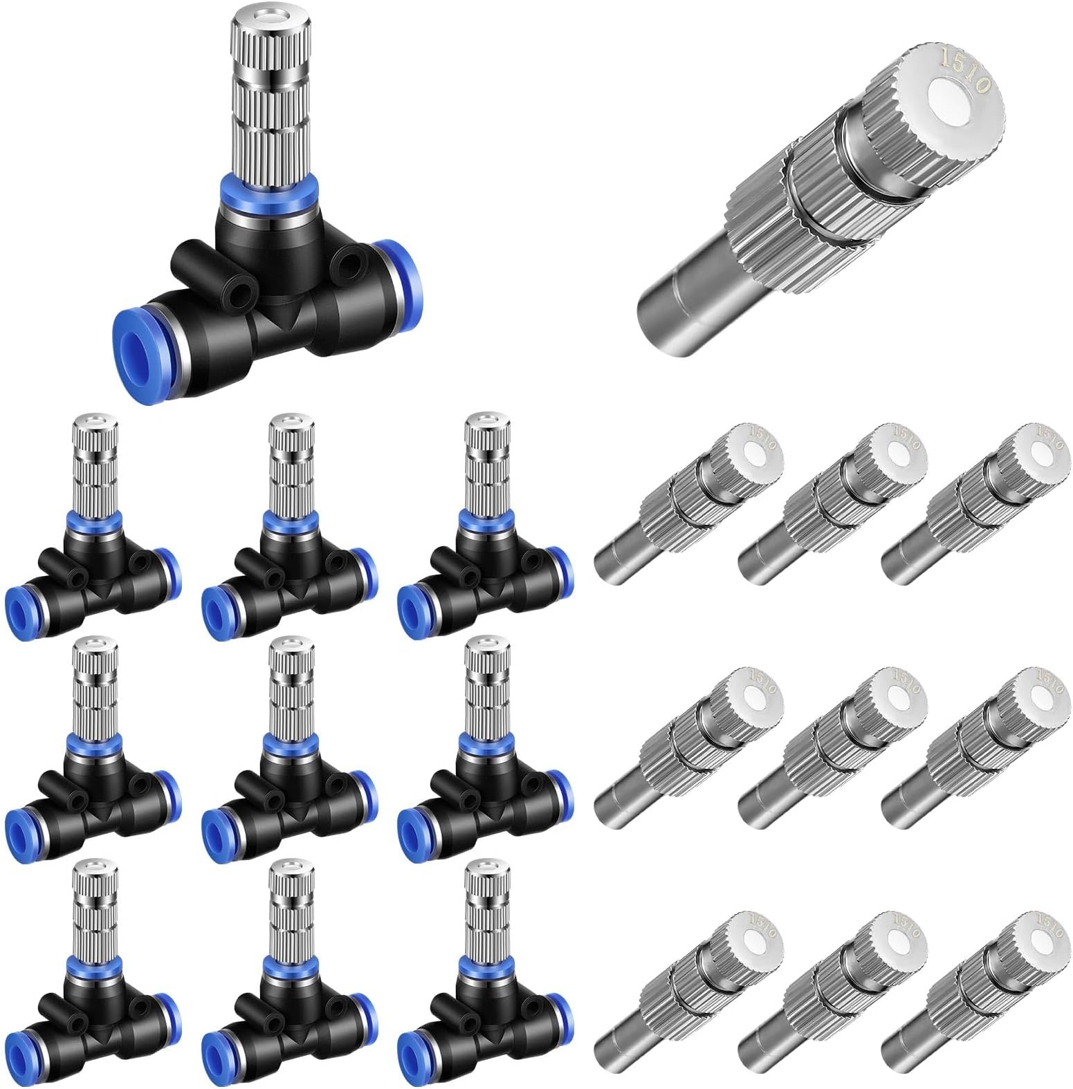Gisafai 20 Pcs Brass Misting Nozzles Replacement Kit, 0.024"/0.6mm Orifice Mister Heads with 1/4" Water Misting Nozzle Tees Sprayer for Outdoor Cooling System Patio Garden Greenhouse(Three Section)