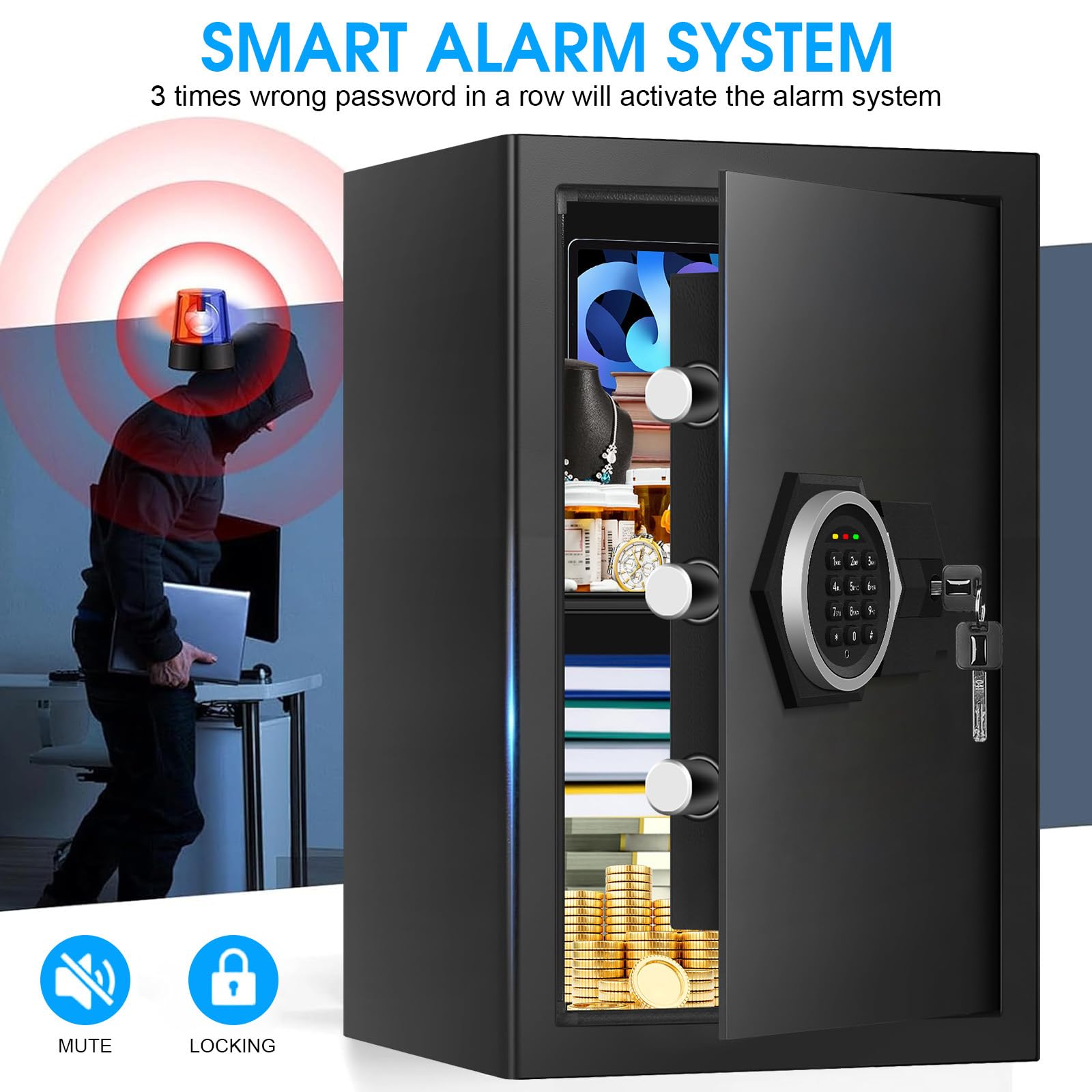 Große Home Safes Wasser- und Feuerfest mit digitaler Tastatur & Schlüsselschloss, Sicherheitssafe für Zuhause mit DIY abnehmbarem Regal, Anti-Pry Safe Box für Gelddokumente