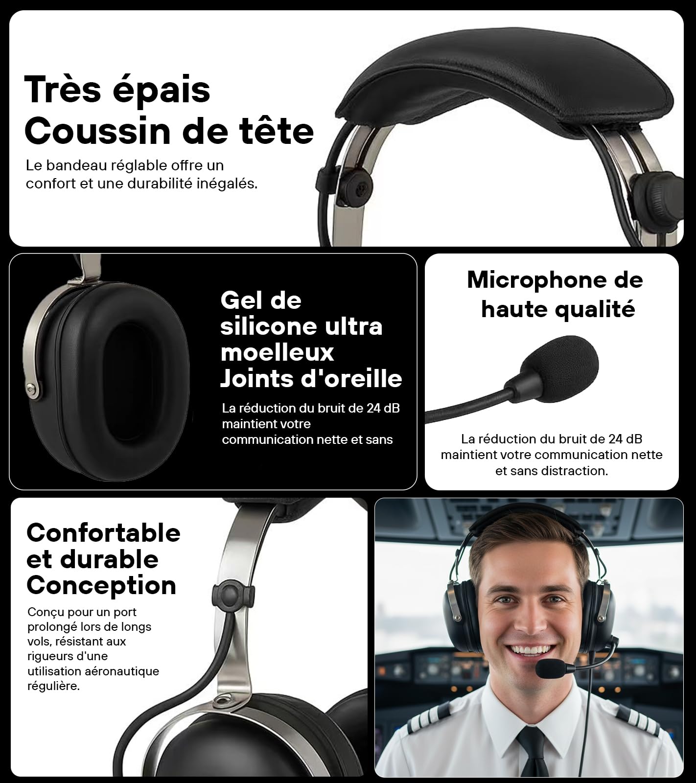 Alto - Casque de Pilote Aviation Générale – Micro Anti-Bruit, Léger, Résistant, avec Étui de Transport