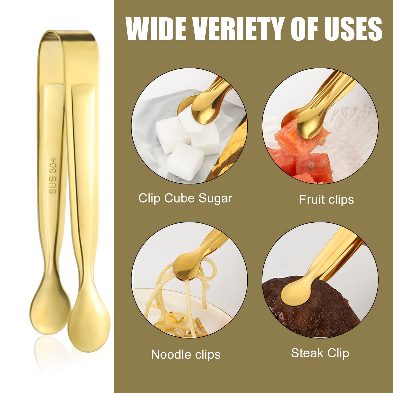 Pinzas pequeñas para azúcar, 8 unidades, color dorado y acero inoxidable, se pueden utilizar para dulces, pinzas para servir, pinzas de cocina, pinzas para cubitos de hielo