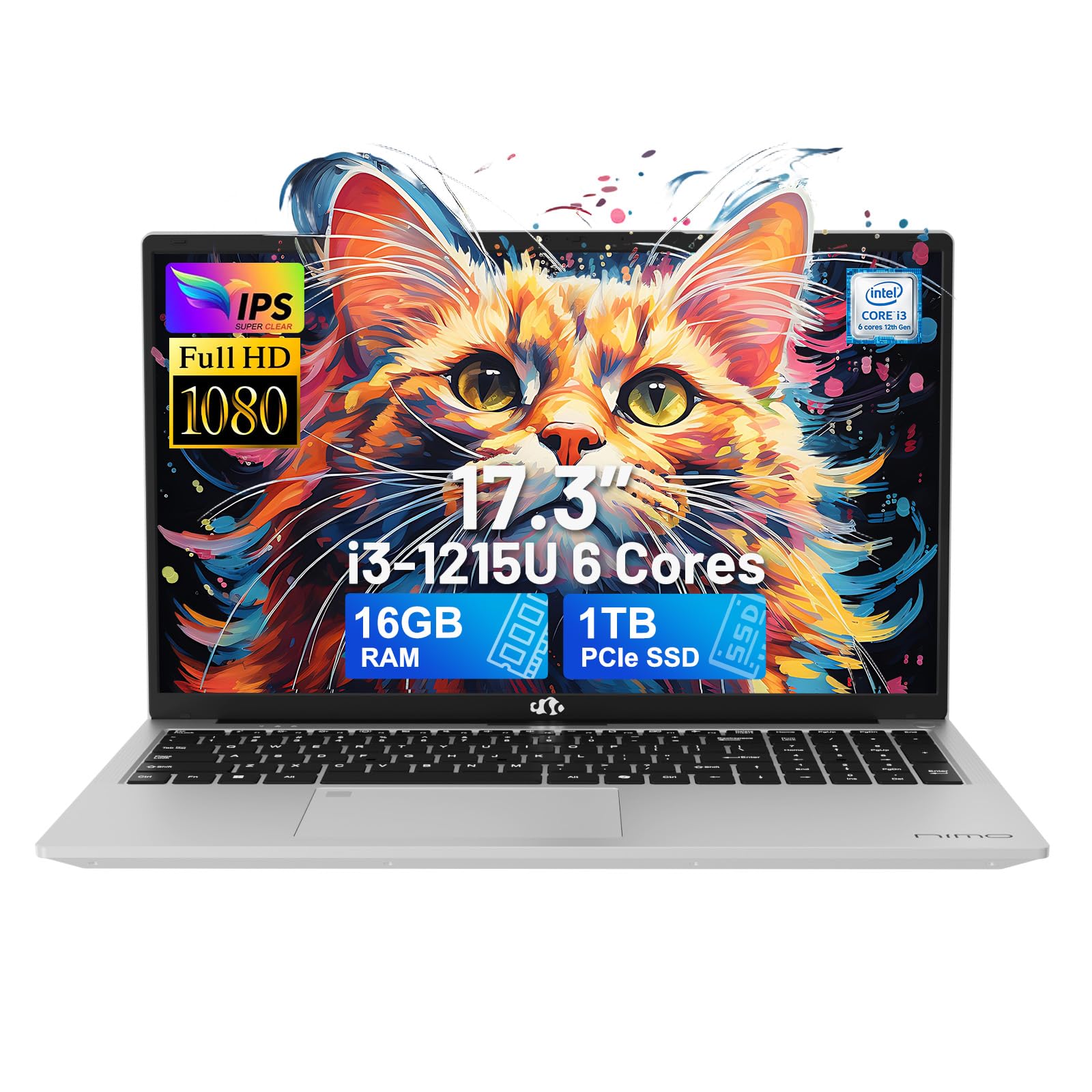 17.3" IPS FHD-Laptop, Intel 6 Cores i3-1215U 16GB RAM 1TB SSD (Beat Ryzen 5 7520U, Up to 4.4GHz) Computer with 65W GaN Type C Backlit Keyboard Fingerprint, for Home Student and Business Silver