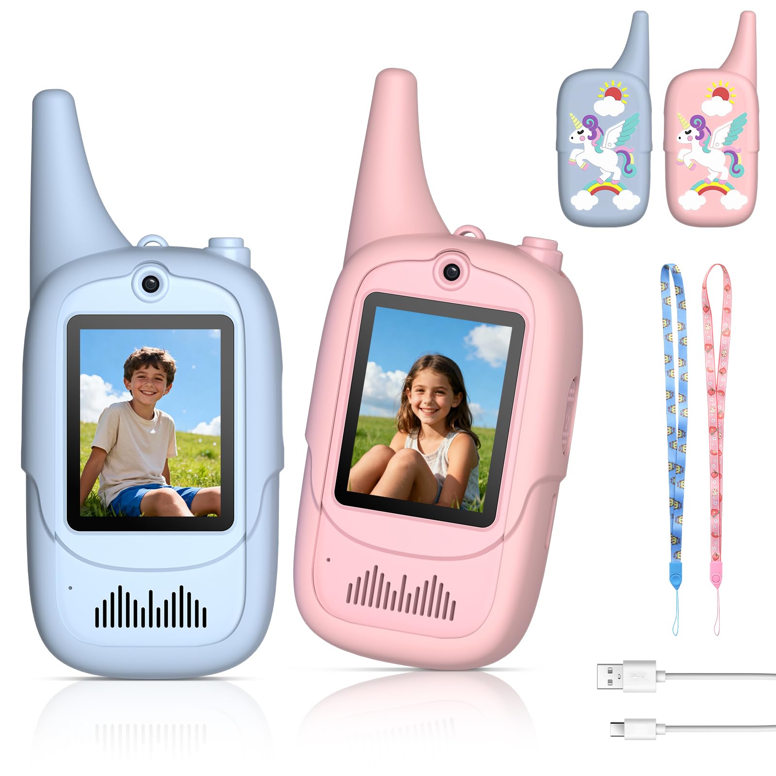 FUNYKICH Walkie Talkie de Video para Niños 3-12 Años(Paquete de 2), Walkie Talkies Recargable con 6 Efectos de Voz, Largo Alcance 350M, Regalo Ideal Cumpleaños, Hogar,Exterior,Patio,Senderismo
