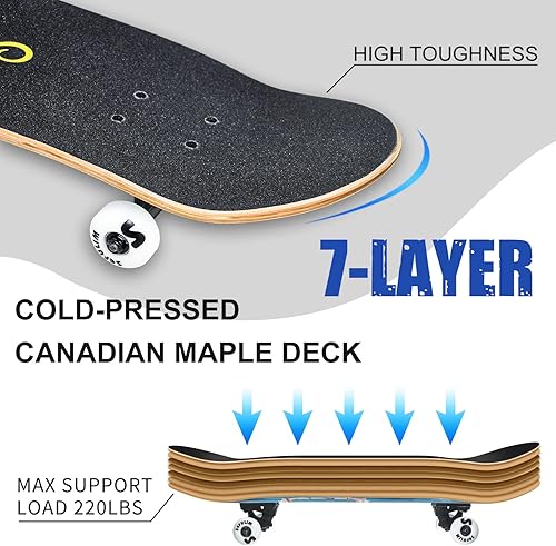 Miniatura 3 de Sefulim Monopatín completo de 31 x 8 pulgadas, 7 capas, arce canadiense, doble patada, cóncavo, crucero, patineta para niños, niñas, adolescentes,