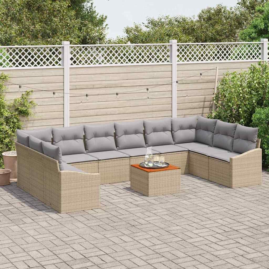 Juego de muebles modulares de polirratán con 11 piezas en color beige y gris claro, con estructura de acero y cojines de espuma suave, incluye seis asientos centrales, dos