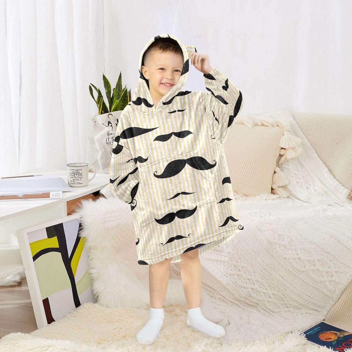 Wąsy dziecięcy koc do noszenia bluza z kapturem oversize bluza koc sweter żółty pasek dla chłopców i dziewcząt w wieku 3-14 lat