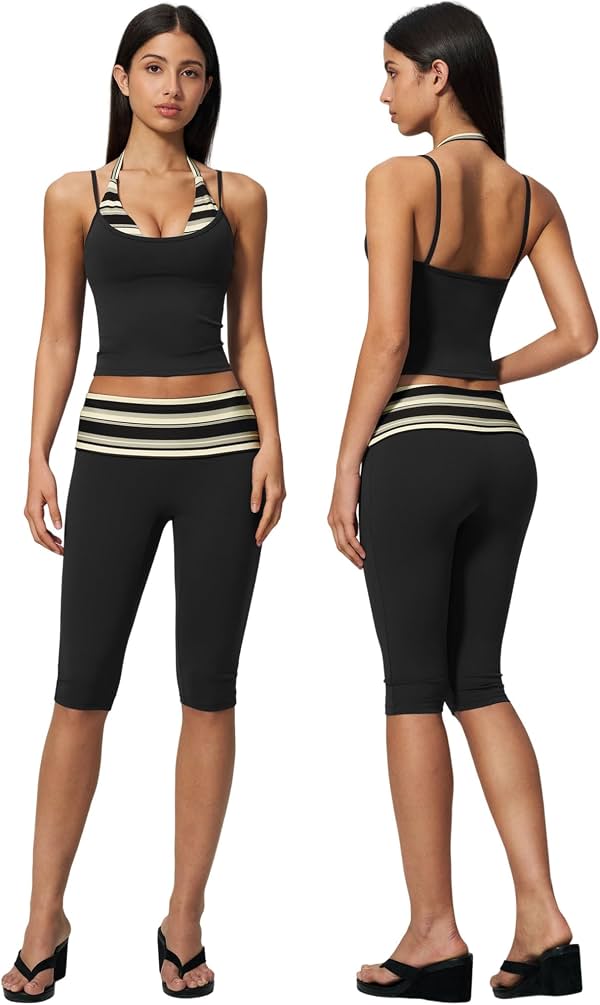 Conjunto Deportivo para Mujer de 2 Piezas con Top Halter a Rayas y Pantalón Capri de Cintura Alta para Pilates y Yoga