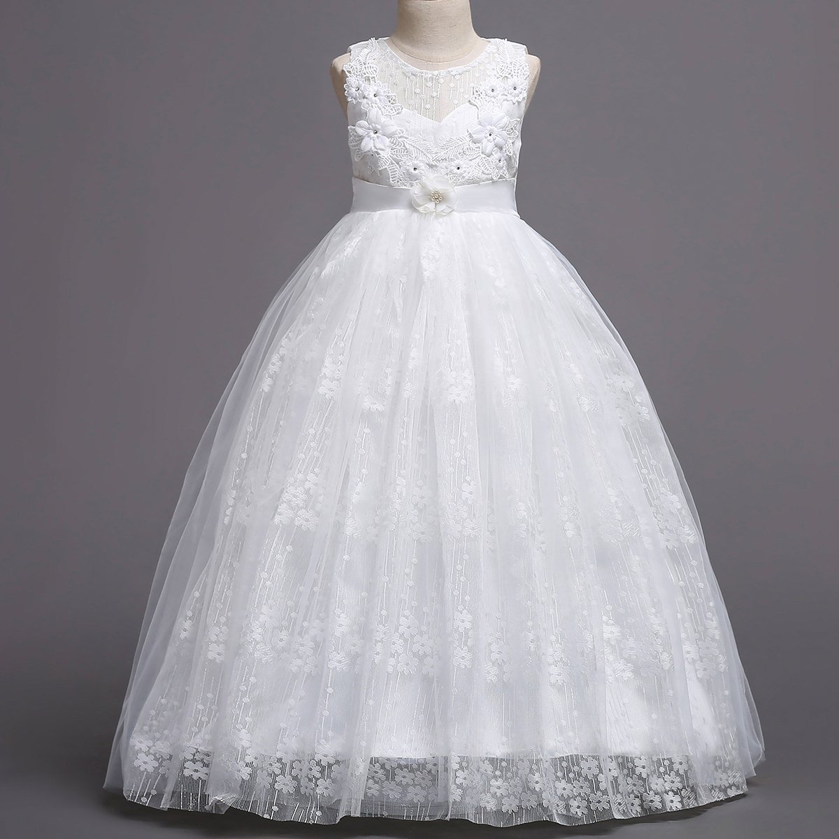 Ragazze Fiore Vintage Pizzo Principessa Abito Lungo per Bambini Tulle Pageant Festa Formale Matrimonio Pavimento Danza Abito Da Sera - Rosa - 7-8 Anni
