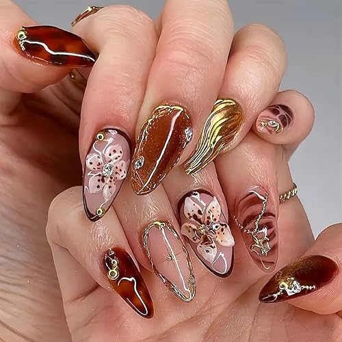 Medium Press on Nails Almond Fake Nails Brown False Nails,Flowers