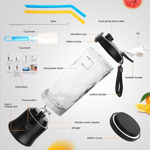 Miniatura 4 de Licuadora portátil recargable por USB de 20 onzas, caja de fabricación de hielo negro, patrón de diamante, libre de BPA